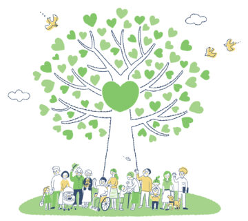 大きなハートの木と人々